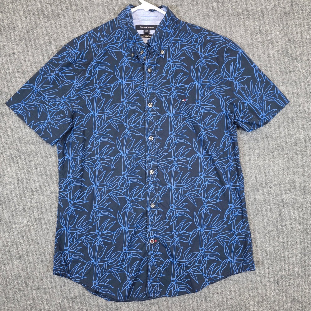Tommy Hilfiger Button Down Shirt Mens Small Navy Blue Bamboo Leaf Custom Fit